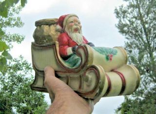 German ? Santa Claus On Sled Antique Chalkware Candy Container / Christmas Decor