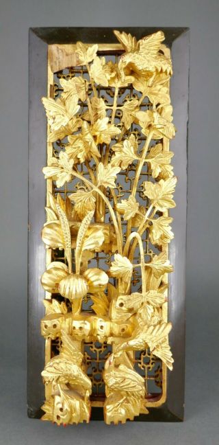 Fine Old Chinese Carved Wood Gold Gilt Wall Panel Relief Plaque Birds Flowers