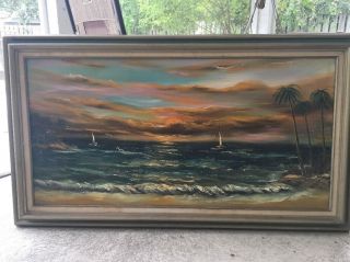 Vintage Oil On Canvas Painting Titled Tropical Beach 1978 By George Petridis