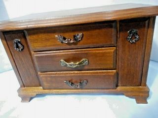 Vintage Wooden Jewelry Box W/music,  3 Drawers,  2 Pull Down Holders London Leather