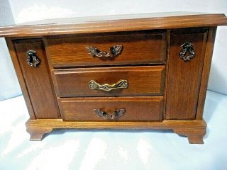 Vintage Wooden Jewelry Box w/Music,  3 Drawers,  2 pull down holders London Leather 2