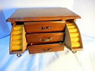 Vintage Wooden Jewelry Box w/Music,  3 Drawers,  2 pull down holders London Leather 3