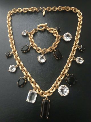 Vintage Monet Gold Tone Link Large Crystal Charm Necklace Bracelet Demi Parure