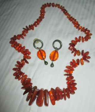 Vtg Carnelian Agate Rustic Burnt Orange Beaded Costume Necklace & Earrings Set