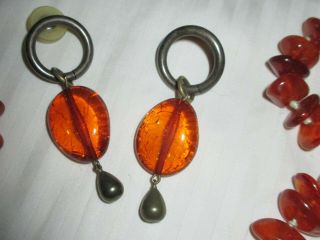 Vtg Carnelian Agate Rustic Burnt Orange Beaded Costume Necklace & Earrings Set 3