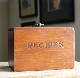 Vintage Wooden Recipe Box With Lid And Brass Handle Wood