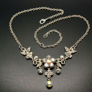 Vintage Style Jewellery Silver Tone Aurora Borealis Rhinestone Flower Necklace