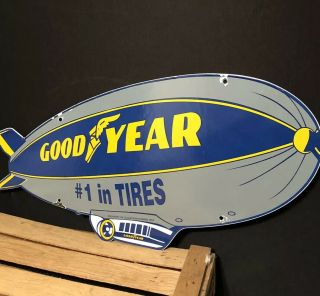 Vintage Goodyear Tires Porcelain Aviation Blimp Service Sales Sign Marked 1962