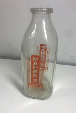 Vintage Marek’s Dairy Amsterdam,  Ny Glass Milk Bottle