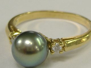 Vintage 14 K Gold Black 8.  5mm Pearl And 0.  06 Ct Tw Diamonds Ring Size 10.  25