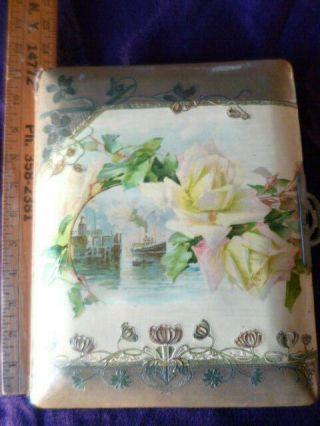 Vintage Victorian Celluloid Photo Album Empty 8 " By 10 1/2 " Rose And Ship Cover