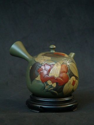 Japanese Banko Ware Ceramic Teapot Flower Pattern Kyusu Sencha Artist Signed
