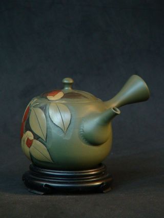 Japanese Banko Ware Ceramic Teapot Flower pattern Kyusu Sencha Artist Signed 2