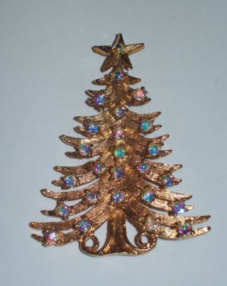 Vintage Mylu Ab Rhinestone Goldtone Christmas Tree Brooch
