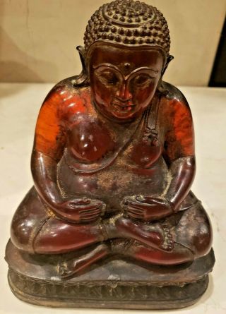 Fine Quality Old Chinese Cherry Amber Sitting Buddha Figure On Wood Stand