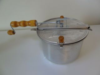 Vintage Whirley Pop Crank Wooden Handle Aluminum Pop Corn Popper Cond