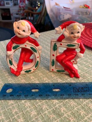 Vintage Noel Ceramic Christmas Pixie Elf Elves Figurines In Red Suits O & E Only