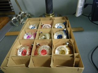 Vintage Christmas 9 Indented Glass Ornaments Pink Red Blue & Gold Glitter