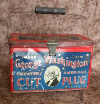 Vintage George Washington Cut Plug Tobacco Lunchbox Tin With Wood Handle
