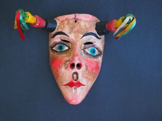 Vintage Mexican Folk Art Carved Wood Painted Girl Dance Mask With Horns