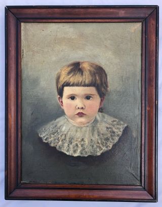 Antique Framed Late 1800s 19th Century Child’s Portrait Oil Painting On Canvas