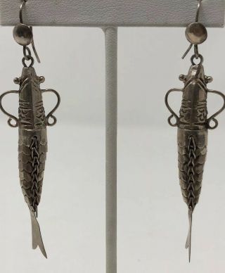 Antique Vintage Sterling 925 Silver Articulated Fish Long Dangle Earrings 3.  25 "