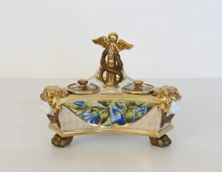 Antique Porcelain 19th Century Spode INKWELL Hand Painted with Flowers 2
