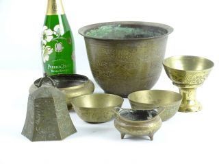 Bulk Chinese Late Qing Dynasty Beaten Brass Bowl Dragon & Bell Censor Bowls Etc