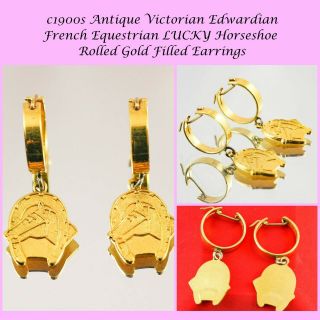1900s Antique Victorian French Equestrian Horse Pierced Dangling Earrings Gold F