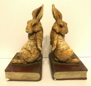 Vintage Animal Bookends Hare On A Book Artist Signed Rabbit Bunny