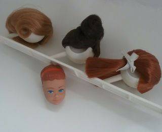 Vintage Midge Wig Wardrobe Head With Band And 3 Htf Wigs On Wig Stand