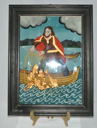 Vintage Reverse Portrait Painting On Glass Saint Peter Fishing On The Lake