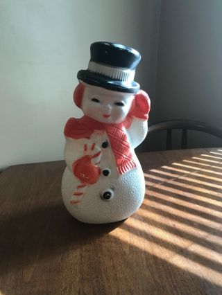 Vintage Poloron Pixie Snowman Red Scarf Candy Cane Blow Mold 13 " Christmas Decor