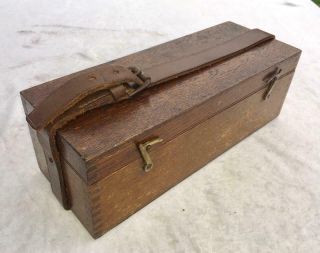 Antique Oak Magic Lantern Slide Storage Box With Leather Strap -