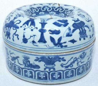 ANTIQUE 18th C CHINESE BLUE & WHITE PORCELAIN HAT BOX SPITTOON BUDDHIST EMBLEMS 2