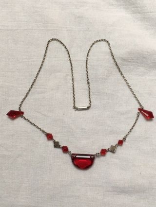 Vintage Art Deco Silver And Red Glass Crystal Necklace 1920s To 1930s
