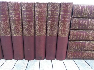 Vintage Decorative Books Burgundy Red With Gold Books By The Foot Dickens 12 Vol