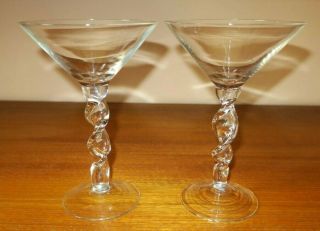 Set Of 2 Hand Blown Martini Glasses Twisted Stem 7 " Tall 6 Oz Vintage
