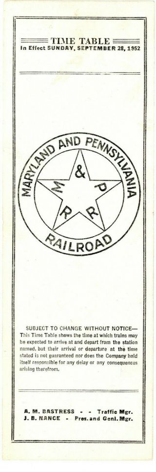 Maryland & Pennsylvania Railroad Card Passenger Time Table,  September 28,  1952