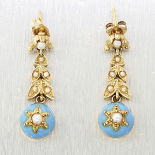 Antique Victorian 14k Yellow Gold Enamel & Pearl Drop Earrings