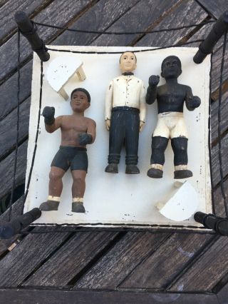Vintage Old Boxer Joe Louis Antique Hand Carved Wood Figures & Boxing Ring Circa