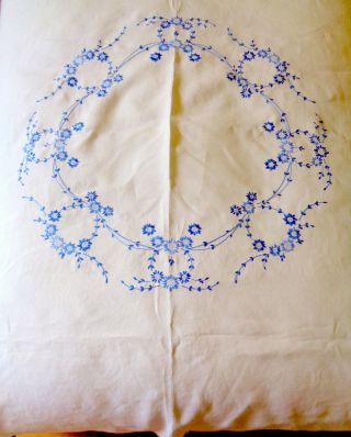 Vintage Tablecloth Hand Embroidery Circle Of Blue Flowers 50 " X 52 "