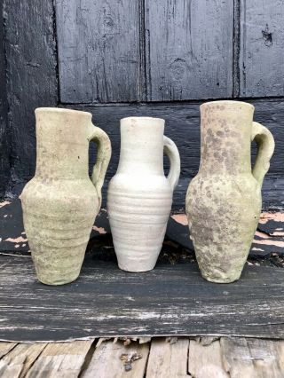 Set Of 3 Early 20th Century Decorative Weathered Terracotta Jugs Vessels Vase