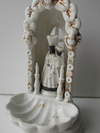 French Antique Holy Water Font.  Paris Porcelain Black Madonna Mary 1800s Signed