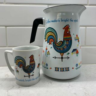Vintage Berggren Enamel Pitcher & Mug - Coffee Maketh Bright The Spirit