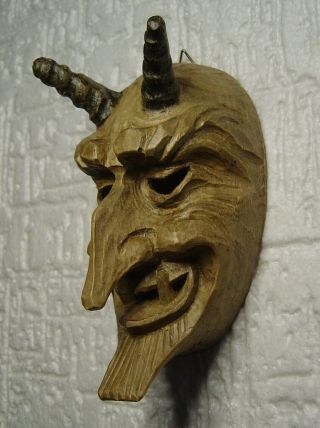 Vintage German Handcarved Wooden Devil Wall Mask