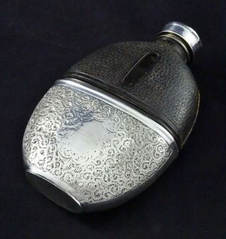 Antique Leather Hip Flask Glass Chased Liner Hunting Shooting Gift Silver Plated