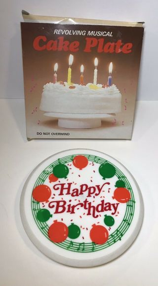 Vintage 7 " Musical Revolving Happy Birthday Cake Plate Balloons Green Orange Box