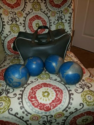 Vintage Blue And Gray Swirl Candle Pin Bowling Balls And Bag.  2.  7lbs
