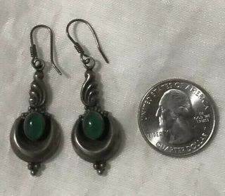 Sterling Silver 925 Oxidized Vintage Green Stone Jade - Like Drop Dangle Earrings